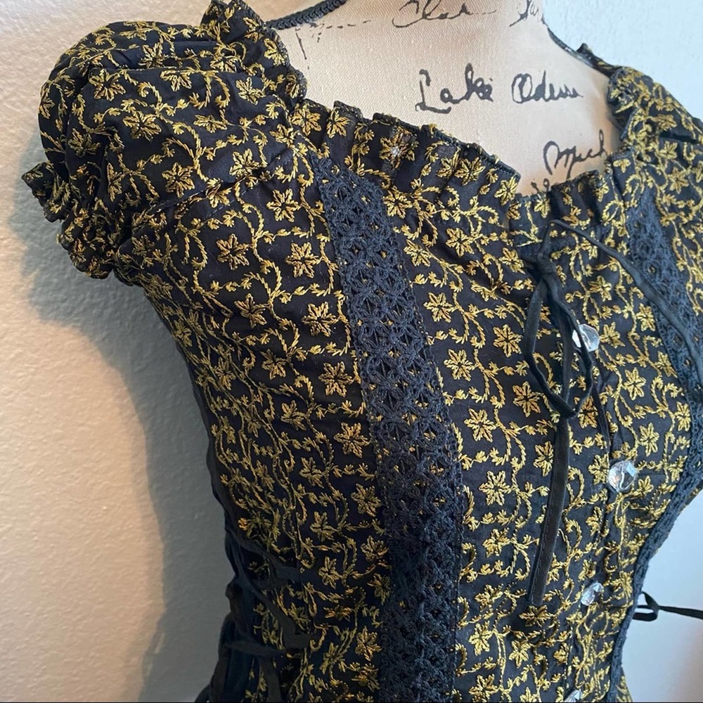 Mustard Black Lace Trim Corset Short Sleeve Peasant Peplum Blouse Small
